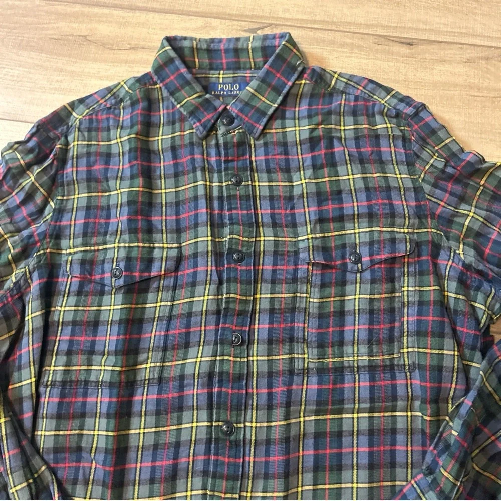 Ralph Lauren Plaid Button Up Shirt Christmas Cabin Rugged Green And Blue Men XL